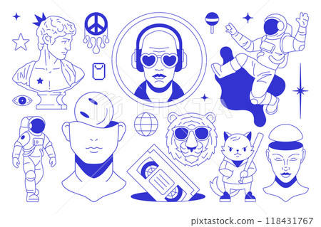 Y2k psychedelic comic blue pen sketch contemporary pop art concept line icon set vector flat 118431767