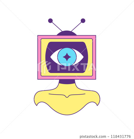 Y2k woman bust with tv set head contemporary pop art contoured icon vector flat illustration Y2k woman bust with tv set head contemporary pop art contoured icon vector flat illustration 118431776