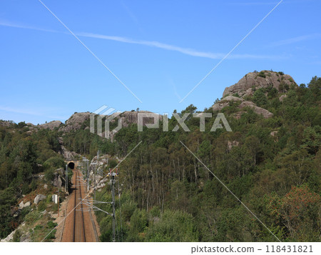 Fun park like landscape on the Gamle jaerbanen Veien, hiking route along the old railway trasse, Egersund, Norway. Fun park like landscape on the Gamle jaerbanen Veien, hiking route along the old railway trasse, Egersund, Norway. 118431821