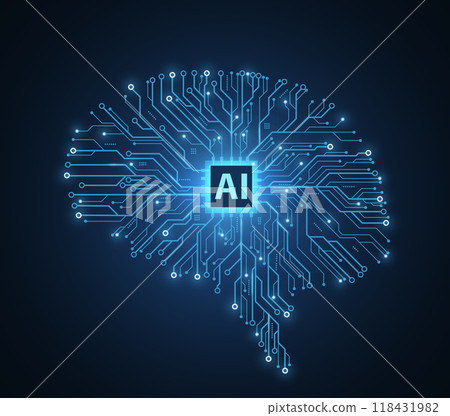 Brain-shaped circuit board with chip. Artificial intelligence, Digital memory Brain-shaped circuit board with chip. Artificial intelligence, Digital memory 118431982