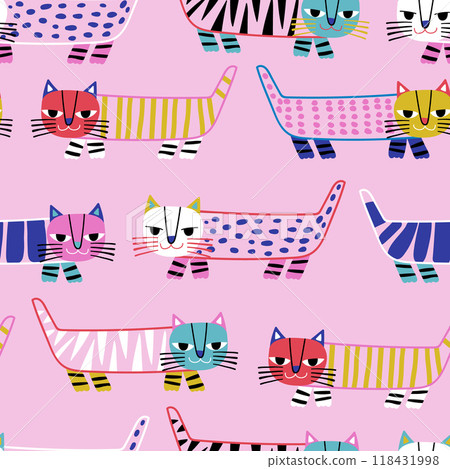 Seamless childish pattern with cute hand drawn cats. Creative colourful cat pink texture for fabric, wrapping, textile, wallpaper, apparel. Vector illustration 118431998