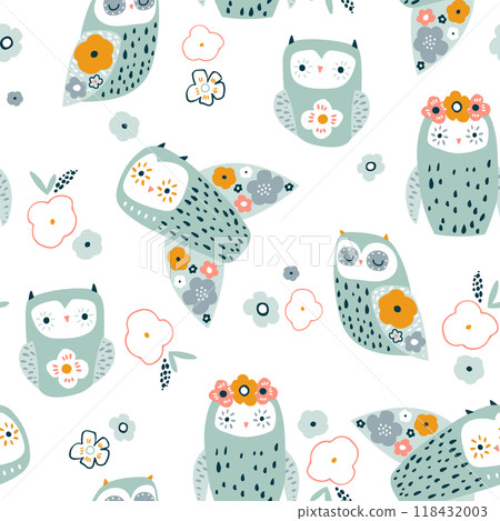 Seamless pattern with cute mint owls. Childish owl birds and flowers, white background. Ideal for fabrics, textiles, apparel, wallpaper. Seamless pattern with cute mint owls. Childish owl birds and flowers, white background. Ideal for fabrics, textiles, apparel, wallpaper. 118432003
