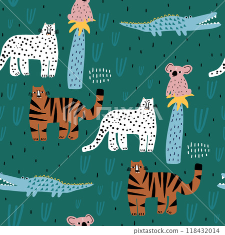 Seamless tropical pattern with tiger, cheetah, crocodile, koala and palms. Childish jungle vector texture. 118432014
