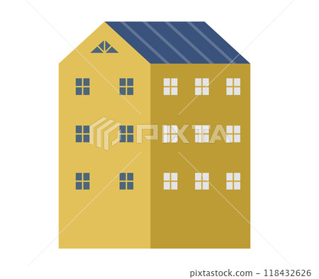 A geometric yellow building with a blue roof, showing rows of windows on two visible sides. Ideal for urban architecture, real estate, construction, residential design, and cityscape layout projects A geometric yellow building with a blue roof, showing rows of windows on two visible sides. Ideal for urban architecture, real estate, construction, residential design, and cityscape layout projects 118432626