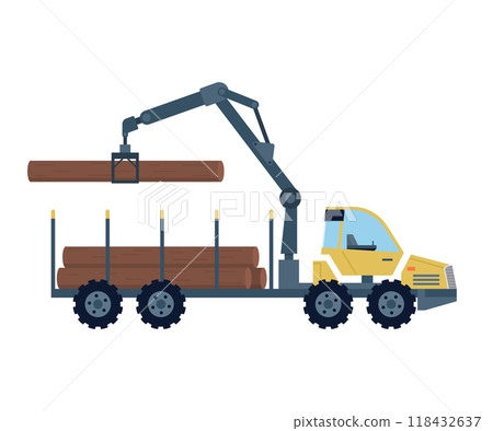Crane unloads firewood. Wood production and forestry. Machine with load in form felled trees, forestry equipment for transportation, loading, unloading in warehouse. Building, storage production Crane unloads firewood. Wood production and forestry. Machine with load in form felled trees, forestry equipment for transportation, loading, unloading in warehouse. Building, storage production 118432637