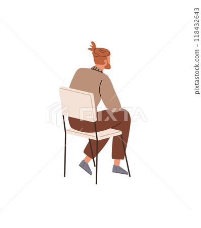Person sits on a chair with their back turned, dressed casually in brown pants, a beige sweater, and gray shoes. Ideal for illustrations about contemplation, relaxation, waiting, casual fashion, and Person sits on a chair with their back turned, dressed casually in brown pants, a beige sweater, and gray shoes. Ideal for illustrations about contemplation, relaxation, waiting, casual fashion, and 118432643