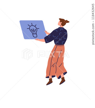 A person stands holding a tablet with a lightbulb icon, symbolizing inspiration and new ideas. Ideal for creative thinking brainstorming entrepreneurship innovation design. Minimalist, modern, clean A person stands holding a tablet with a lightbulb icon, symbolizing inspiration and new ideas. Ideal for creative thinking brainstorming entrepreneurship innovation design. Minimalist, modern, clean 118432645