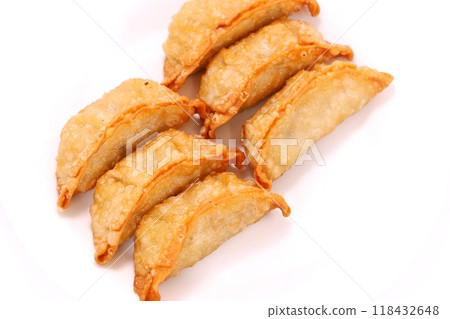 Fried dumplings on white plate with light background Fried dumplings on white plate with light background 118432648