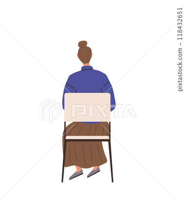 A woman with brown hair in a bun sits on a chair, facing away. She wears a blue top and a brown skirt. Ideal for themes of solitude, contemplation, relaxation, simplicity and quiet. Minimalist vector A woman with brown hair in a bun sits on a chair, facing away. She wears a blue top and a brown skirt. Ideal for themes of solitude, contemplation, relaxation, simplicity and quiet. Minimalist vector 118432651