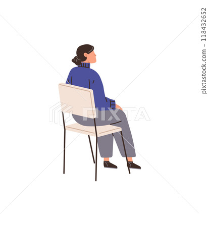 Woman wears a blue sweater sitting on a chair. Side profile creates serene mood. Ideal for health care, relaxation, mindfulness, contemplation and stress relief. Minimalist, modern, clean style Woman wears a blue sweater sitting on a chair. Side profile creates serene mood. Ideal for health care, relaxation, mindfulness, contemplation and stress relief. Minimalist, modern, clean style 118432652