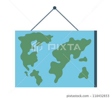 Simplified world map vector illustration hanging in frame on wall, continents seas and oceans. Climate change continues to threaten planet earth, protect future generations. Cartography and geography Simplified world map vector illustration hanging in frame on wall, continents seas and oceans. Climate change continues to threaten planet earth, protect future generations. Cartography and geography 118432653