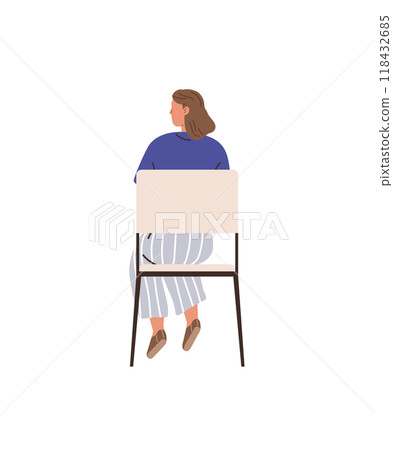 A woman with medium-length brown hair is sitting on a chair, facing away. She wears a blue top, striped pants, and brown shoes. Ideal for solitude, reflection, casual fashion, relaxation, and A woman with medium-length brown hair is sitting on a chair, facing away. She wears a blue top, striped pants, and brown shoes. Ideal for solitude, reflection, casual fashion, relaxation, and 118432685