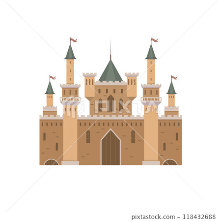 Majestic castle with towers and flags stands proudly. Ideal for themes of adventure, fairy tales, history, fantasy, and medieval times. Flat design with earthy tones and green roofs 118432688