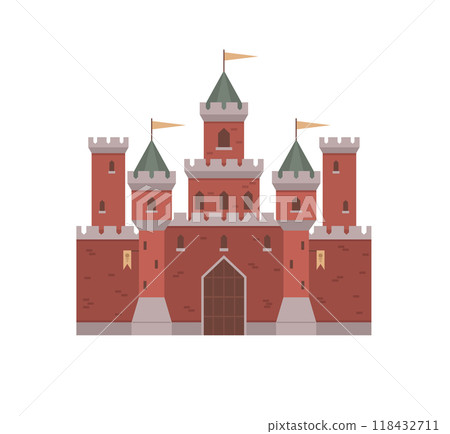 Large red-brick fortress with tall green-roofed towers and flags against a white background. Ideal for history education, fantasy themes, medieval storybooks, architectural design, and role-playing 118432711
