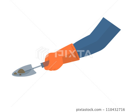 Garden shovel with soil hold in hand of gardener. Gardening, agriculture, planting concept. Gardening tools equipment, spring work Isolated on white background. Cultivating ground. Dig ground Garden shovel with soil hold in hand of gardener. Gardening, agriculture, planting concept. Gardening tools equipment, spring work Isolated on white background. Cultivating ground. Dig ground 118432716