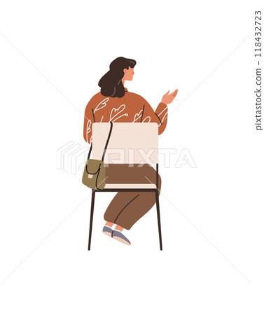 Two individuals are engaged in a casual conversation. One person wears a patterned top and shoulder bag, while sitting on a chair. Ideal for communication, relationships, social interaction 118432723