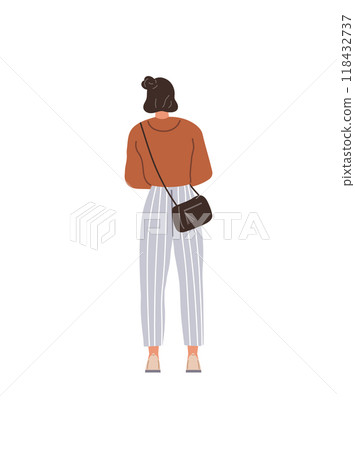A young woman with brown hair in a bun wears a brown top, high-waisted striped pants, and a small black crossbody bag while walking away. Ideal for fashion, casualwear, lifestyle, city life A young woman with brown hair in a bun wears a brown top, high-waisted striped pants, and a small black crossbody bag while walking away. Ideal for fashion, casualwear, lifestyle, city life 118432737