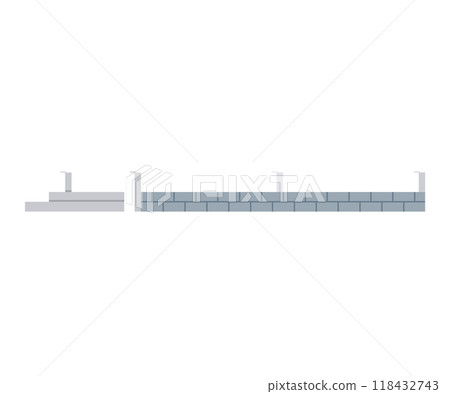 A sequence of three stages showing the construction process of a brick wall on a white background. Clearly outlines the foundational stages. Ideal for construction, building techniques, architecture A sequence of three stages showing the construction process of a brick wall on a white background. Clearly outlines the foundational stages. Ideal for construction, building techniques, architecture 118432743