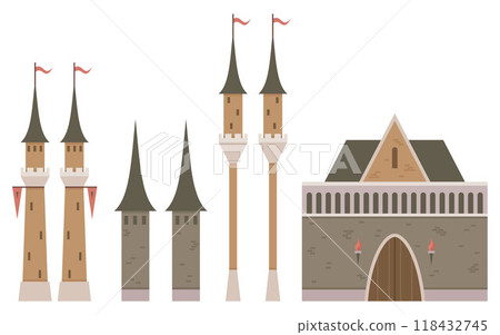 A series of medieval castle elements including two tall towers with flags, three conical-roof towers, two tall watchtowers with flags, and a large gatehouse. Ideal for historical themes, medieval A series of medieval castle elements including two tall towers with flags, three conical-roof towers, two tall watchtowers with flags, and a large gatehouse. Ideal for historical themes, medieval 118432745
