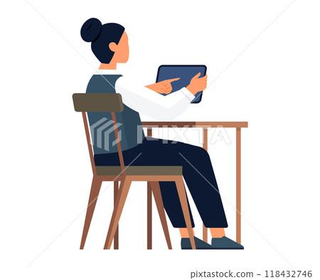 Woman sits at table and works with text on laptop. Female character secretary at workplace working on pc. Professional staying connected and organized with power of technology. Businesswoman at desk Woman sits at table and works with text on laptop. Female character secretary at workplace working on pc. Professional staying connected and organized with power of technology. Businesswoman at desk 118432746