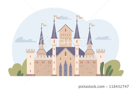 A grand castle with multiple towers and flags set against a calm backdrop with clouds and greenery. Ideal for fairy tales, medieval themes, historical illustrations, fantasy stories, and educational A grand castle with multiple towers and flags set against a calm backdrop with clouds and greenery. Ideal for fairy tales, medieval themes, historical illustrations, fantasy stories, and educational 118432747