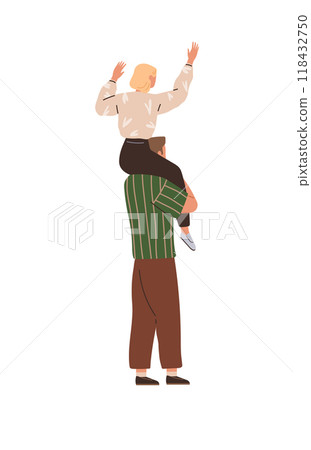 A father carries his young child on his shoulders with both hands raised in joy. Ideal for themes of fatherhood, family bonding, childhood fun, supportive relationships, and happy memories. Simple A father carries his young child on his shoulders with both hands raised in joy. Ideal for themes of fatherhood, family bonding, childhood fun, supportive relationships, and happy memories. Simple 118432750