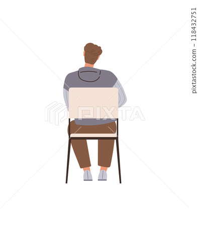 A person with brown hair in a gray hoodie sits on a chair, viewed from the back. Ideal for themes such as contemplation, solitude, relaxation, waiting, education. Minimalist and clean style 118432751