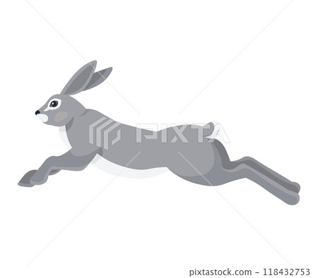 Wild hare in action or rabbit is jumping. Cute fast bunny or gray coney runs away vector illustration for label or poster. Animal is running. Natures graceful and playful defender of the fields 118432753