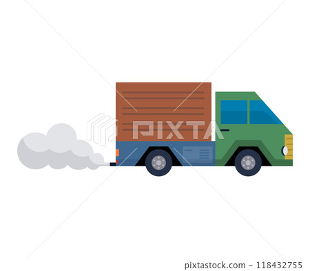 Green and brown delivery truck emitting smoke from its exhaust. Boxy style with minimalist details. Ideal for logistics transportation shipping delivery services freight and eco-awareness designs 118432755