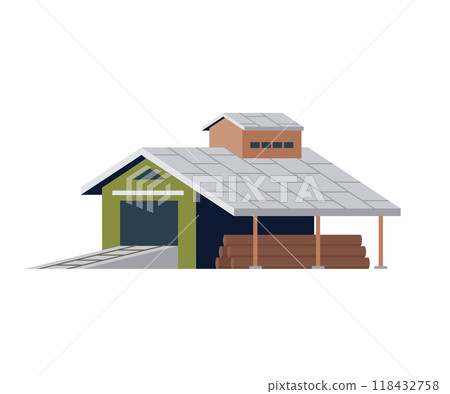 Stack of firewood and garage, woodpile for making fire. Felled tree trunks, wood storage. Flat vector illustration building and timber isolated on background. Sawmill, wood production and forestry 118432758
