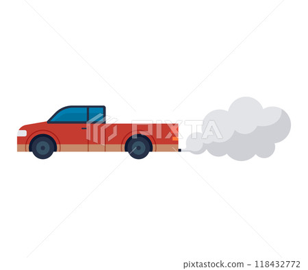 A red pickup truck is emitting gray exhaust smoke. The truck is minimalist in design with basic detailing. Ideal for automotive emissions, transportation, air pollution, environmental awareness A red pickup truck is emitting gray exhaust smoke. The truck is minimalist in design with basic detailing. Ideal for automotive emissions, transportation, air pollution, environmental awareness 118432772