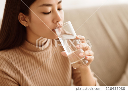 Healthy Liquid. Asian Girl Drinking Clean Water From Glass, Free Space 118433088