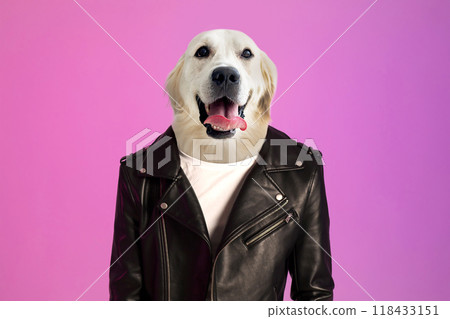 A person stands confidently in a black leather jacket, but instead of a human head, they have the head of a golden retriever. The background features a vibrant pink hue 118433151
