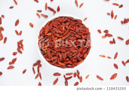 Dried Goji berries Lycium barbarum top view on a white background 118433293