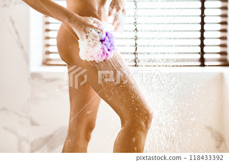 Take Shower. Woman Washing Her Legs With Sponge And Shower Gel, Crop Take Shower. Woman Washing Her Legs With Sponge And Shower Gel, Crop 118433392