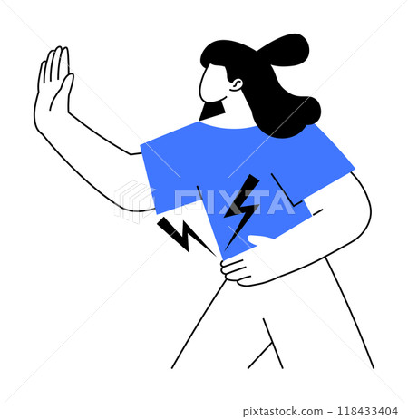 Woman raising hand as stop gesture, wearing a blue shirt with lightning symbol. Minimalistic and modern style. Ideal for Communication, Power, Feminism, Self-defense, Minimalist Art. Rumbling stomach Woman raising hand as stop gesture, wearing a blue shirt with lightning symbol. Minimalistic and modern style. Ideal for Communication, Power, Feminism, Self-defense, Minimalist Art. Rumbling stomach 118433404