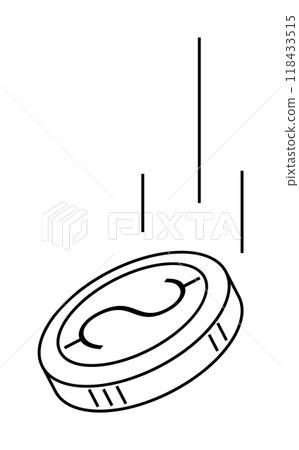 A coin is captured in mid-air with three lines indicating its falling motion. Ideal for financial topics, economic studies, decision-making, investments, and risk analysis. Line art style. A coin is captured in mid-air with three lines indicating its falling motion. Ideal for financial topics, economic studies, decision-making, investments, and risk analysis. Line art style. 118433515