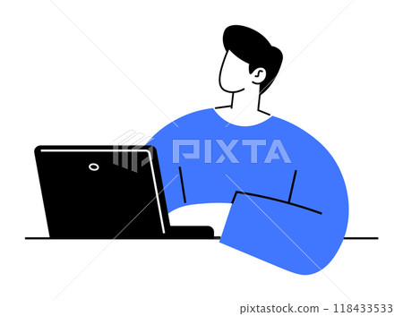 Person seated at a desk working on a laptop. Ideal for technology, work, productivity, remote working, and online education themes. Clean, minimalist style. 118433533