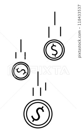 Black and white coins with dollar signs falling. Ideal for finance, investment, wealth management, income, savings. Simple line art style emphasizes economic themes. Black and white coins with dollar signs falling. Ideal for finance, investment, wealth management, income, savings. Simple line art style emphasizes economic themes. 118433537