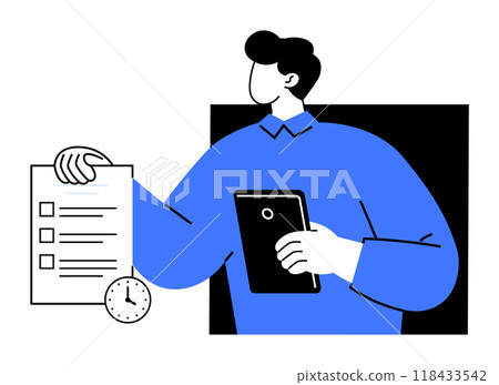 Person holding a checklist and a tablet, highlighting the importance of task management. Ideal for productivity, organization, scheduling, time management, business planning. Minimalist style. 118433542