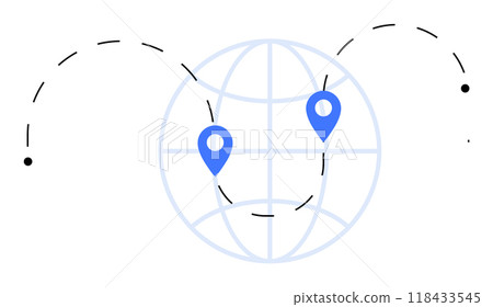 Two blue location pins on a globe with a dotted line connecting them, indicating travel or communication. Ideal for travel, logistics, global connectivity, navigation, and communication. Minimalist Two blue location pins on a globe with a dotted line connecting them, indicating travel or communication. Ideal for travel, logistics, global connectivity, navigation, and communication. Minimalist 118433545