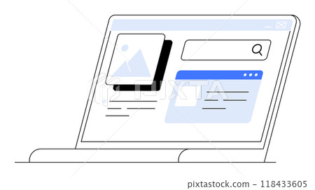 Laptop screen displaying a website with a search bar, image, and text content windows. Ideal for technology, web design, online search, digital content, user interface. Simple, clean, vector. 118433605