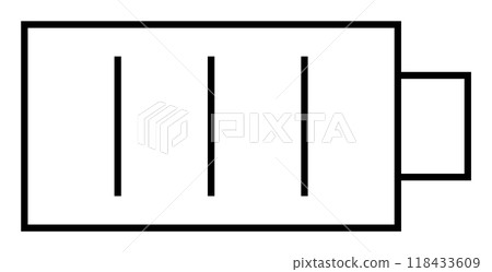 Line drawing of a battery showing three vertical lines inside a rectangular shape with a smaller rectangle on the right. Ideal for technology, energy, electronics, power, charging. Line drawing of a battery showing three vertical lines inside a rectangular shape with a smaller rectangle on the right. Ideal for technology, energy, electronics, power, charging. 118433609