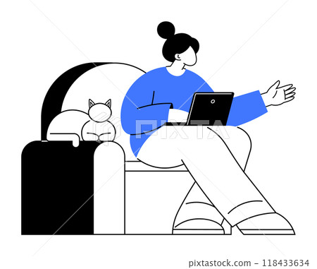 Woman sitting on couch with laptop, gesturing with hand, cat resting nearby. Ideal for working from home, remote work, relaxation, pet companionship, digital communication. Simple vector style. 118433634