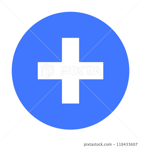 Blue circle with a white cross symbol. Ideal for healthcare, emergency services, medical apps, hospital signage, first aid. Simple and clean style. 118433687