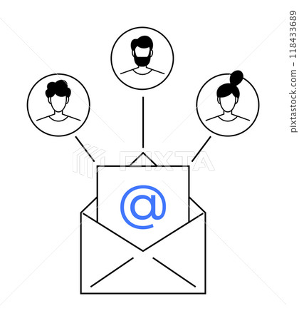 Open envelope with symbol, connecting to three user avatars. Ideal for email marketing, team communication, newsletters, digital correspondence, networking. 118433689