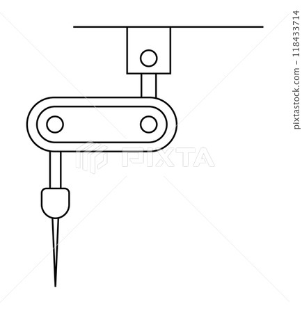Mechanical device with a rotational arm and drilling bit. Ideal for technical manuals, engineering studies, machining processes, manufacturing guides, educational resources. Line drawing style. 118433714