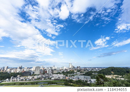 Overhead view of Sendai city in autumn seen from Sendai Castle Ruins (Aoba Castle), Aoba Ward, Sendai City 118434055