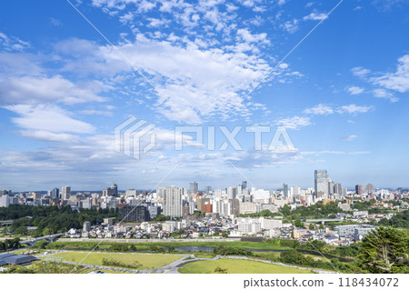 Overhead view of Sendai city in autumn seen from Sendai Castle Ruins (Aoba Castle), Aoba Ward, Sendai City 118434072