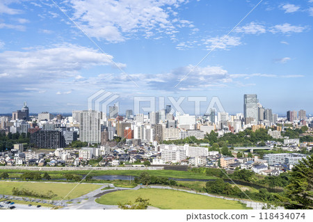 Overhead view of Sendai city in autumn seen from Sendai Castle Ruins (Aoba Castle), Aoba Ward, Sendai City 118434074